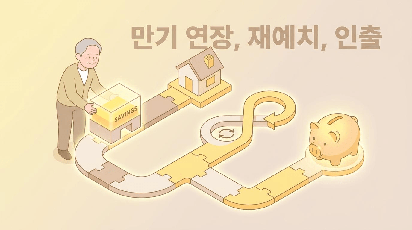 만기 자금을 생활비, 연장, 재예치로 나누는 모습을 표현한 삽화